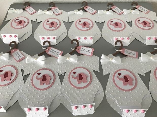 Einladung Babybody Karte Elefant „weiß/rosa“