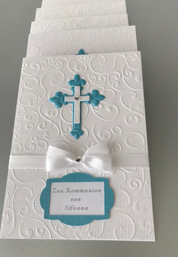 Einladung Kommunion weiß /&nbsp;Türkis