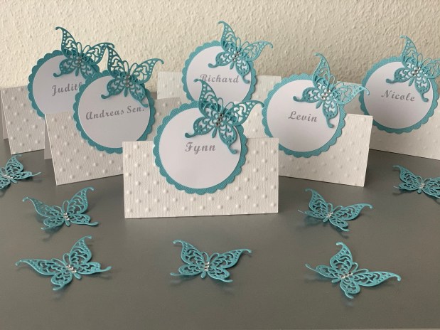 Tischkarten / Tischdeko Taufe Schmetterling *hellblau /&nbsp;weiss*